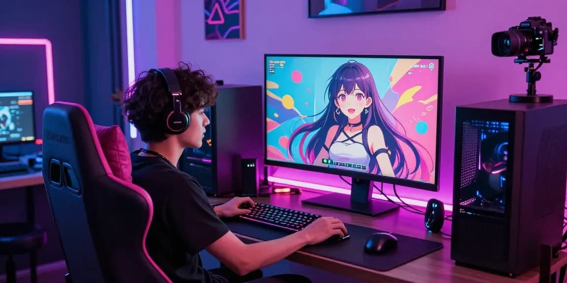 Engaging hentai chat experience with vibrant virtual character and immersive setup.