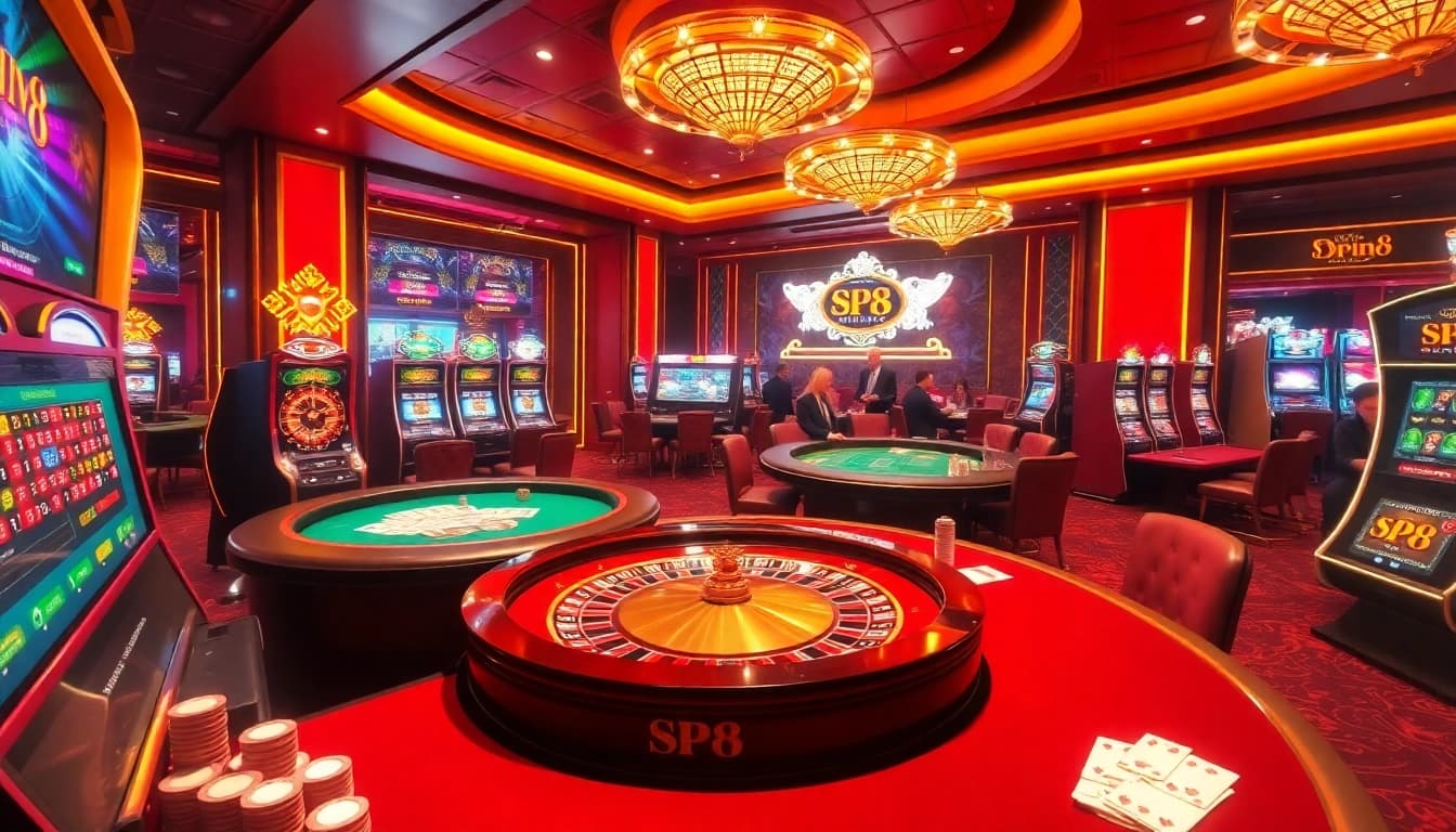 SP8 vibrant online casino featuring roulette and poker tables, capturing high-stakes excitement.