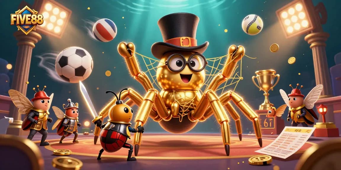Win big at FIVE88 with dynamic sports-themed 3D casino illustration featuring a golden tarantula and beetle knight.