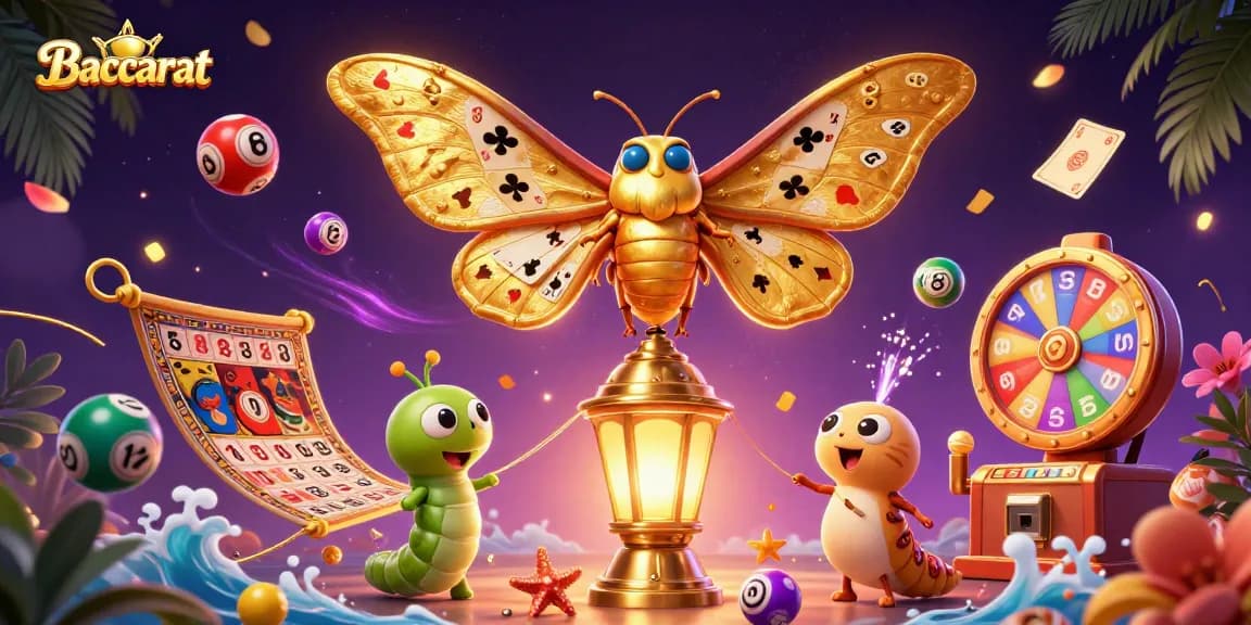 Baccarat themed 3D illustration featuring a moth and casino elements creating a vibrant gaming scene.