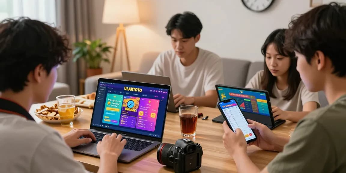 Exciting ULARTOTO togel online gaming scene with players engaged, modern home setup.