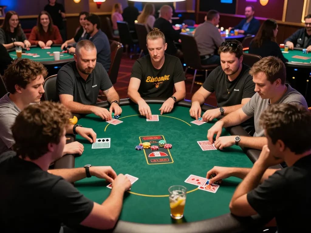 Fabet players engaging in intense poker strategy during a thrilling game night at the casino.