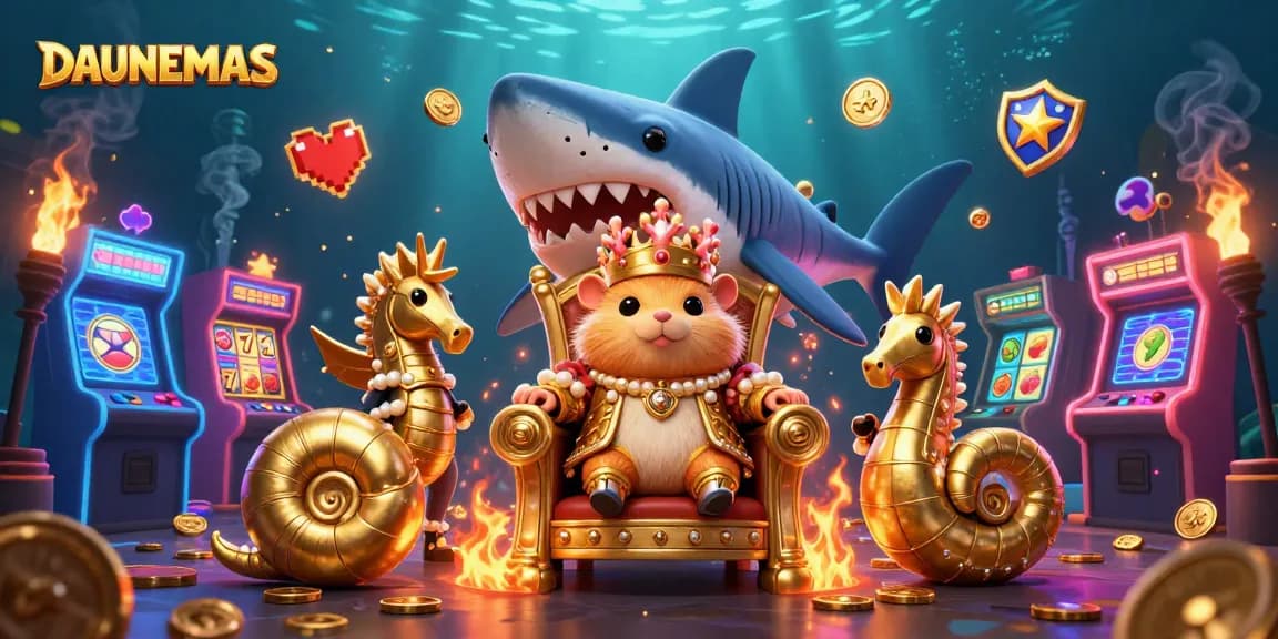 DAUNEMAS showcases a golden hamster king on a megalodon throne amidst colorful slot reels and glowing arcade machines.
