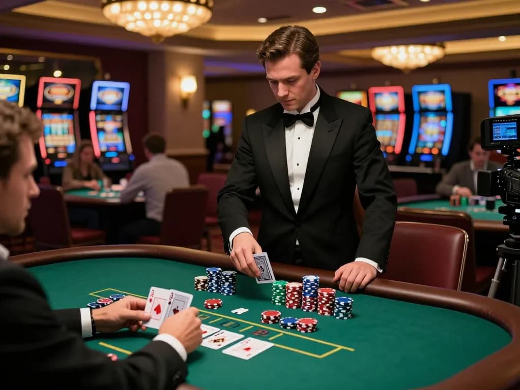 33winf blackjack table with players placing bets and dealer revealing cards in a vibrant casino.