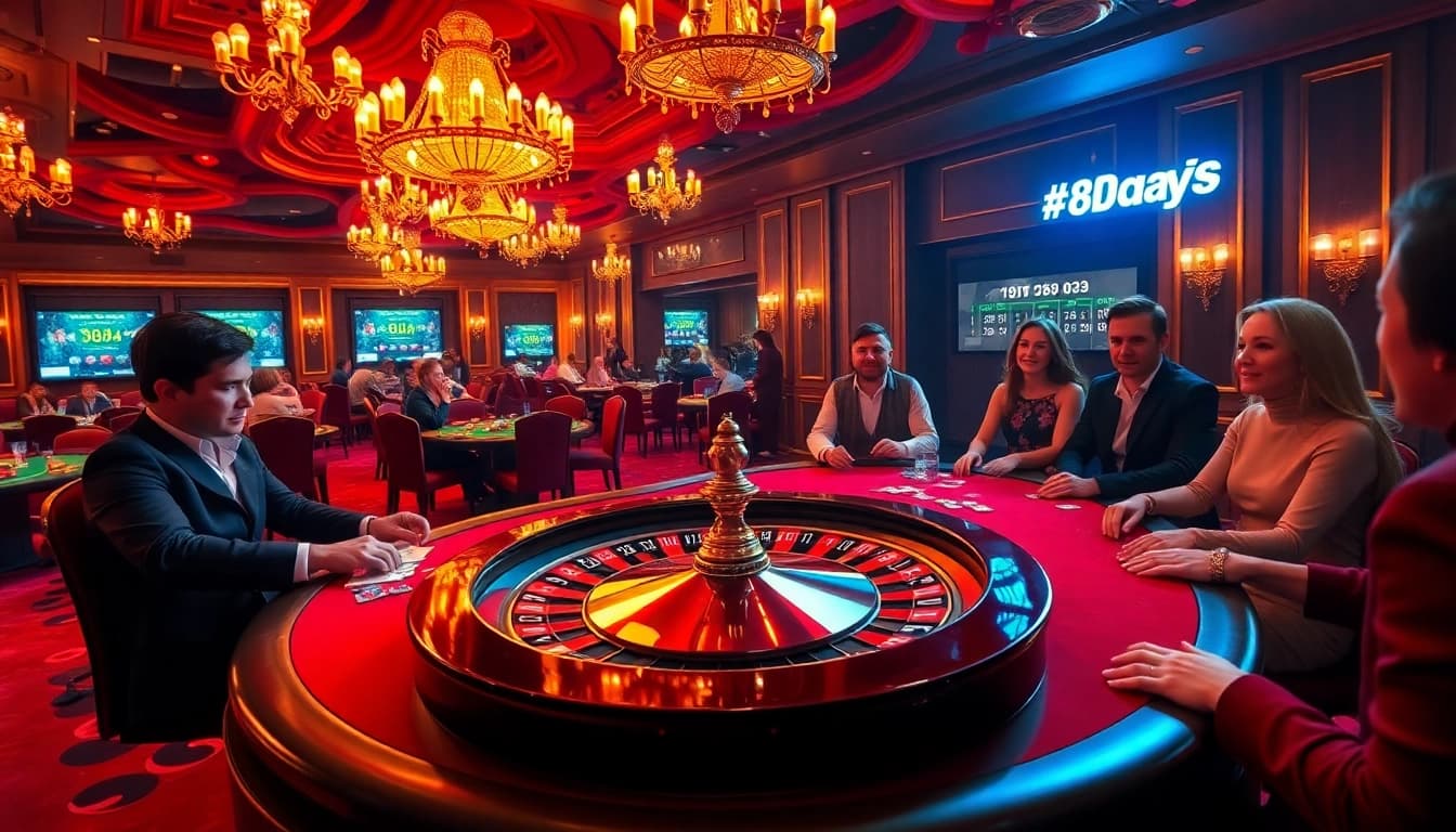 Experience the thrill of 8DAY at a luxurious casino table with colored poker chips and cards.