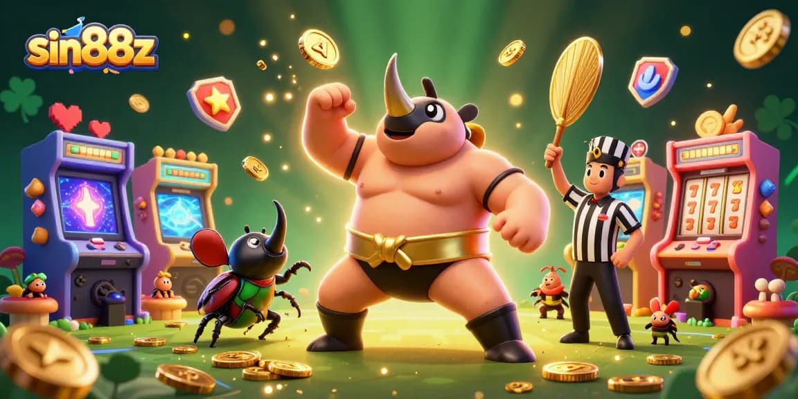 Engage with sin88z as the rhinoceros beetle champion stomps golden coins in a vibrant casino-themed scene.