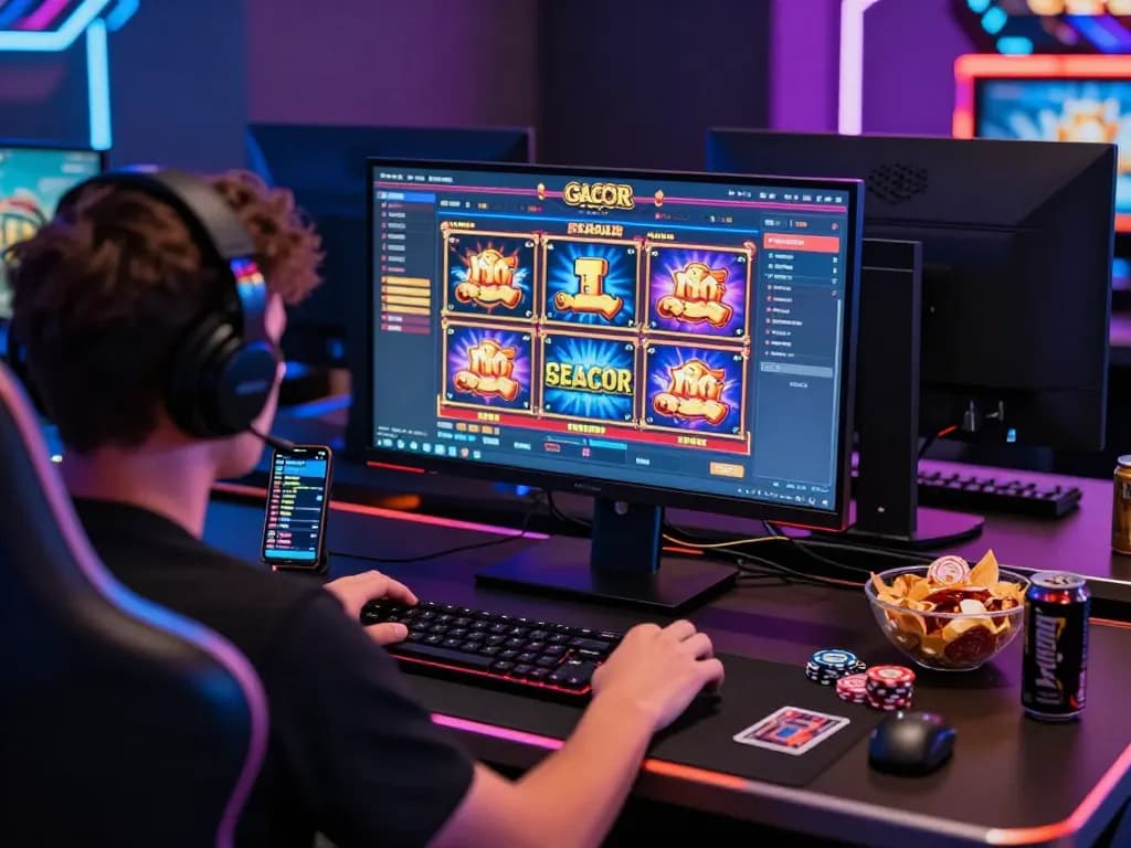 Pemain terlibat dalam permainan slot gacor online dengan layar yang cerah dan camilan
