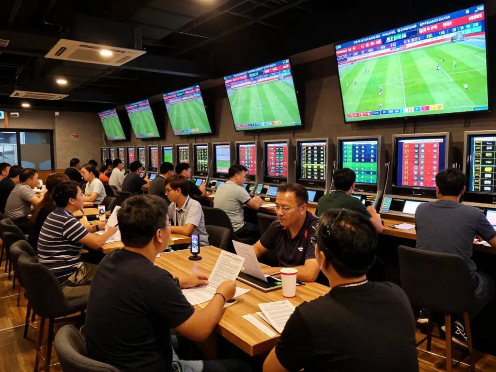 Fans engaged with kèo trực tuyến at a vibrant sports betting arena during a live match.