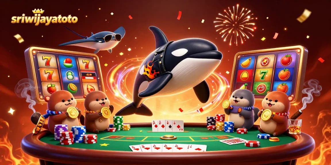 Sriwijayatoto showcases an exciting casino scene with colorful slot elements and dynamic characters celebrating wins.