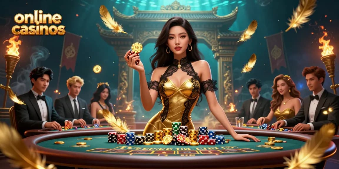 Experience thrilling online casinos with captivating scenes of baccarat and high-stakes action featuring vibrant elements.
