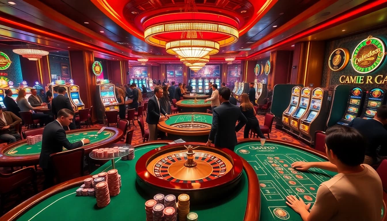 SODO-themed lively casino scene showcasing poker chips, tables, and slot machines in an elegant setting.