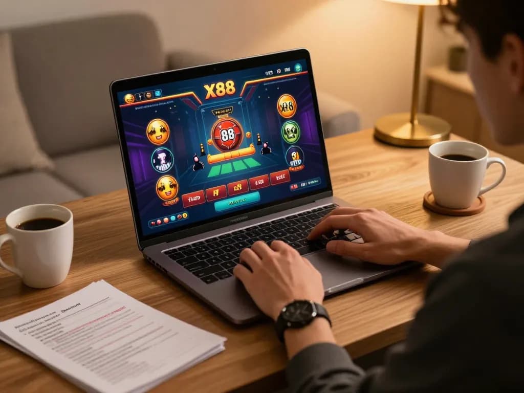 X88 player engaging in online casino game on laptop with notes and warm ambiance