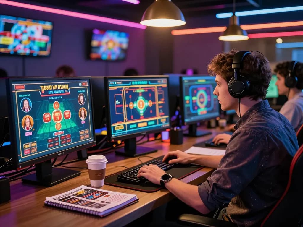 Player analyzing strategies while gaming online at ku win with immersive multiple screen setup and focused ambiance.
