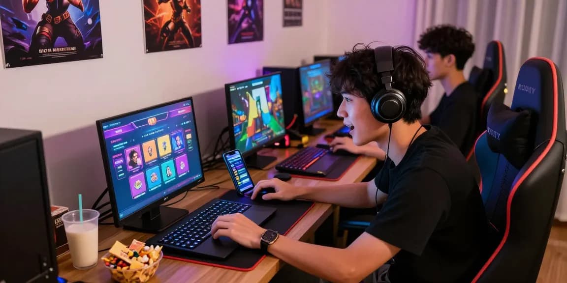Engaging online gaming scene at situs pajaktoto with players excitedly selecting games on laptops and smartphones.