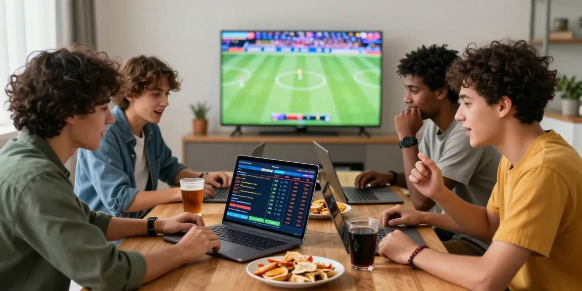 Friends enjoying online betting on 663bet in a lively home setting with sports events on TV.