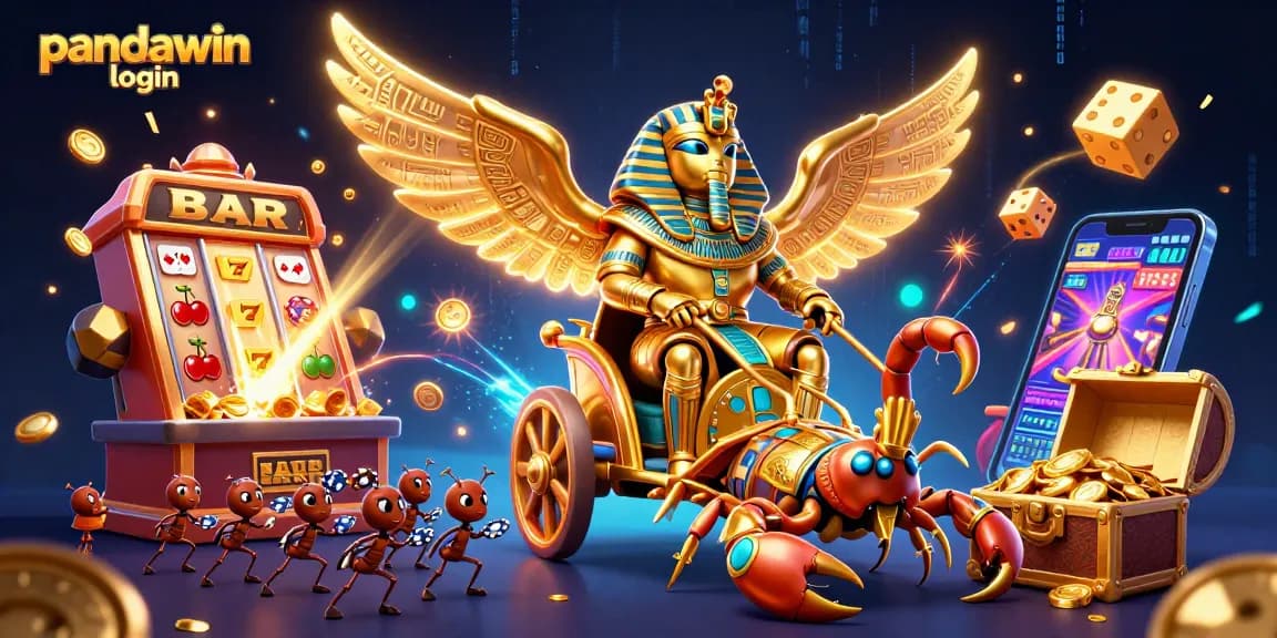 Experience the thrill of pandawin login with a vibrant casino-themed illustration featuring epic characters and jackpots.