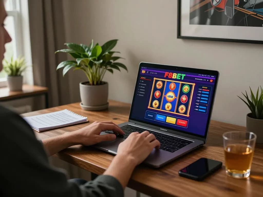 Engaging with F8BET online casino on a laptop, surrounded by a cozy home office atmosphere.