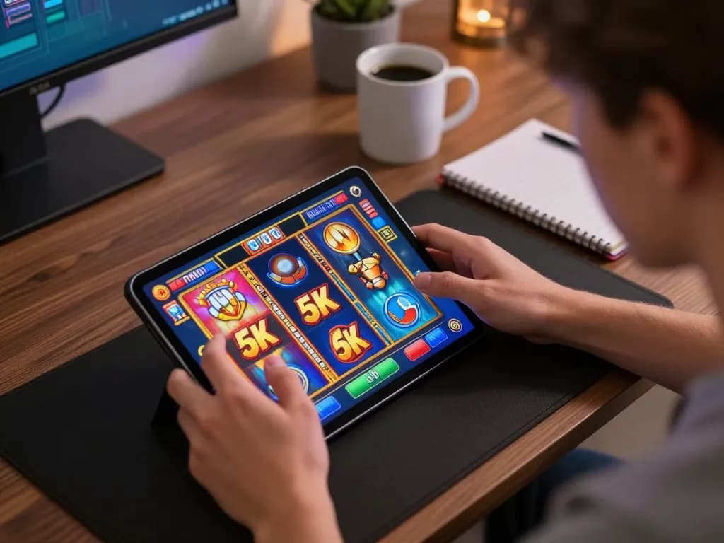 Player enjoying slot 5k on tablet in a cozy home setting, focused gaming atmosphere.