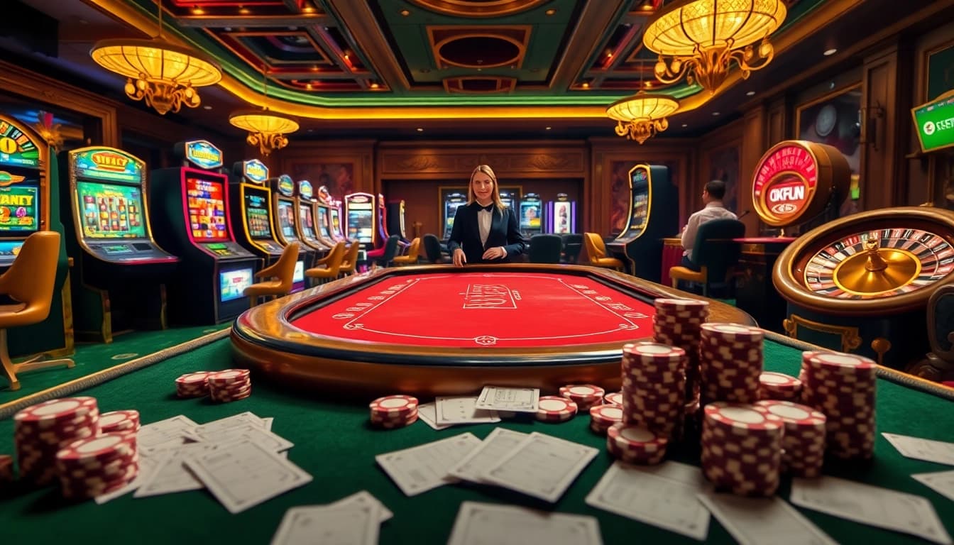 Experience the thrill of OKFUN at a luxurious casino featuring vibrant slot machines and elegant poker tables.