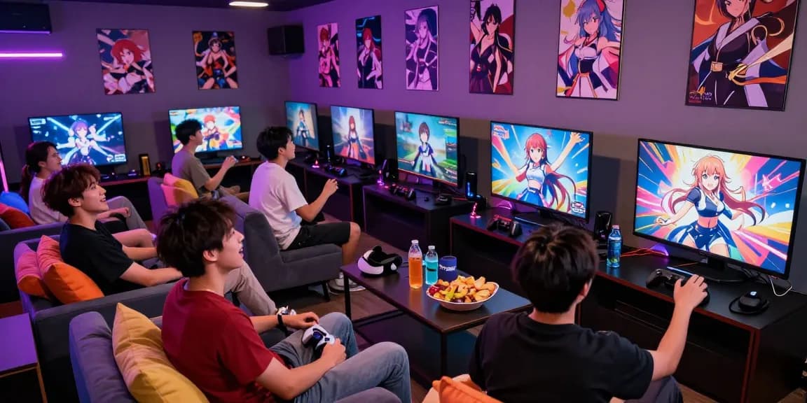 Friends enjoying vibrant hentai games in a colorful gaming lounge.