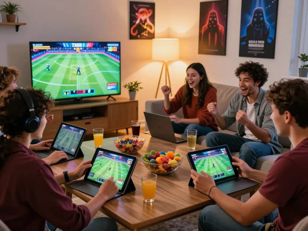 Friends enjoying tv88 đăng nhập experience together while betting online in a cozy living room.