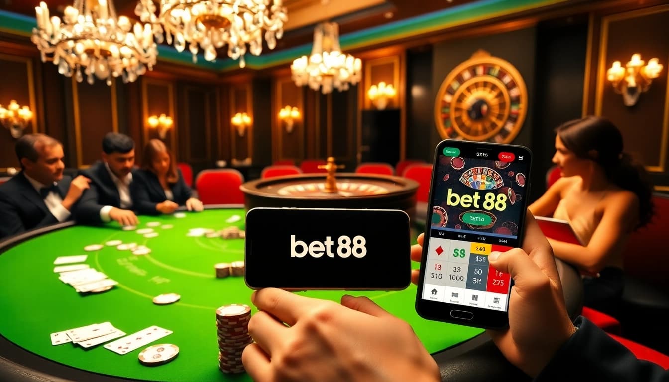 Experience the thrill of betting with bet 88 at a luxurious casino poker table.