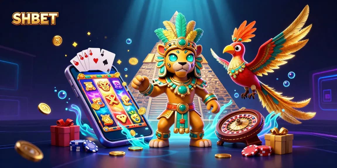 Experience the thrill of SHBET with a vibrant 3D casino scene featuring Mayan characters and gaming elements.