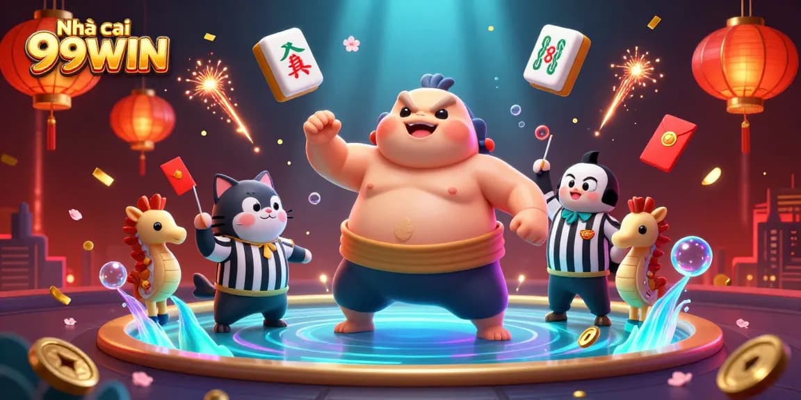 Engage with Nhà cái 99WIN's vibrant casino world, featuring dynamic characters and festive elements.