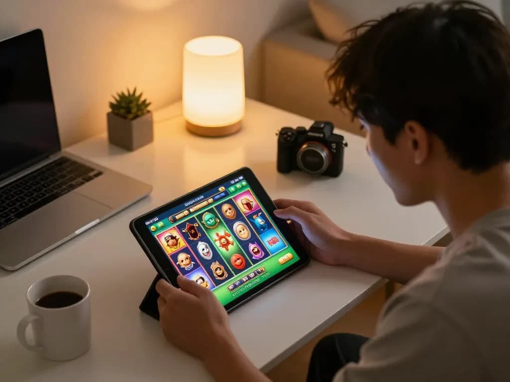 Engage in exciting situs slot mahjong gameplay on a tablet, showcasing vibrant game visuals and a focused player.