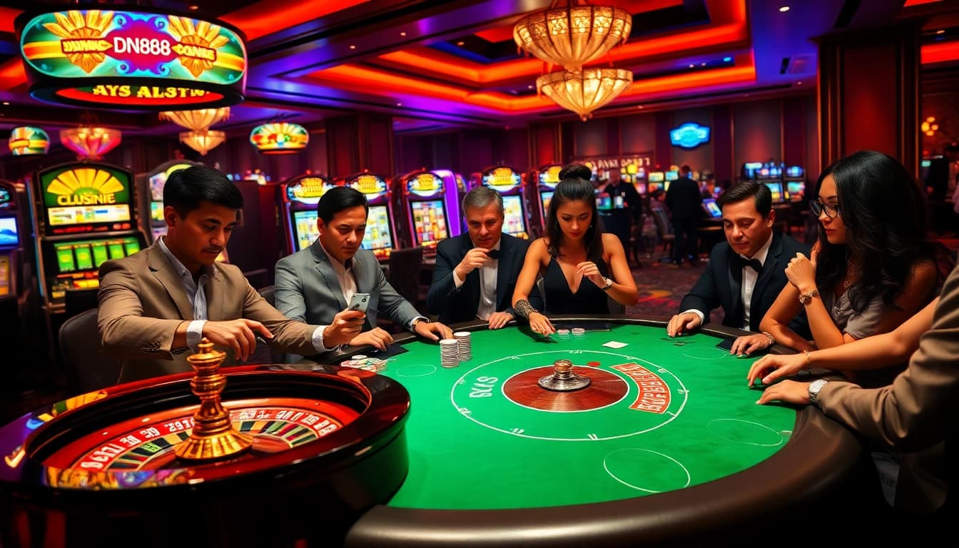 High-stakes players engaging at the DN88 casino table, featuring poker chips and roulette.