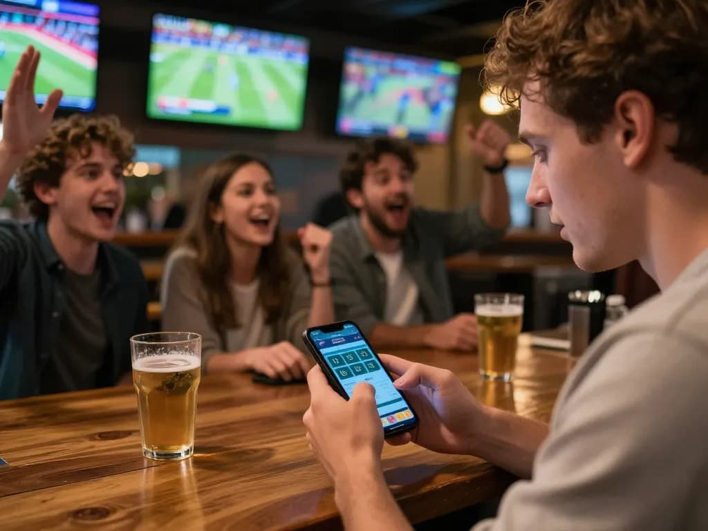 Engaging in kèo nhà cái betting action with friends in vibrant sports bar atmosphere.