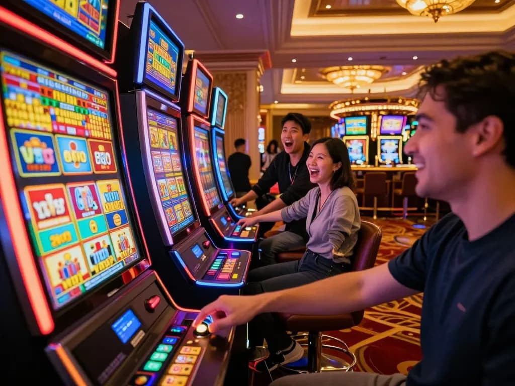 Playing slot machines with excitement at a vibrant casino, illustrating the thrill of เล่นสล๊อต.