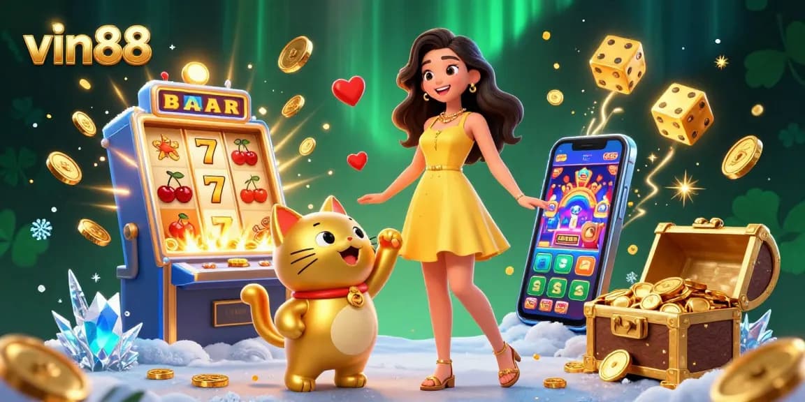 Win big with vin88 as a cheerful woman interacts with a lucky cat amidst a vibrant casino scene.