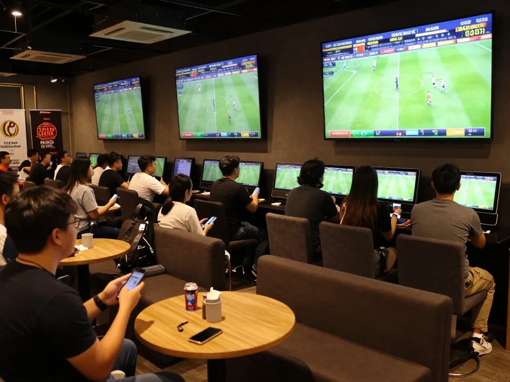 Engaging patrons placing bets during a thrilling sports event for kèo nhà cái hôm nay in a lively betting shop.