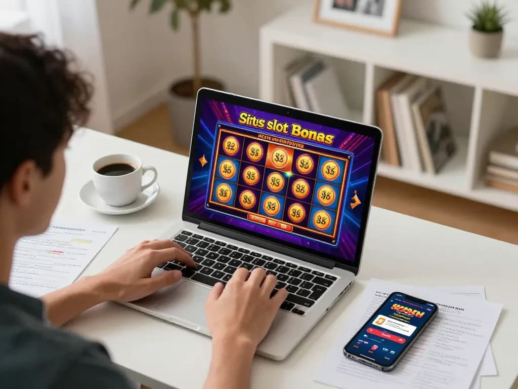 Player engaging with situs slot bonus di depan on a laptop, displaying exciting slot game graphics.