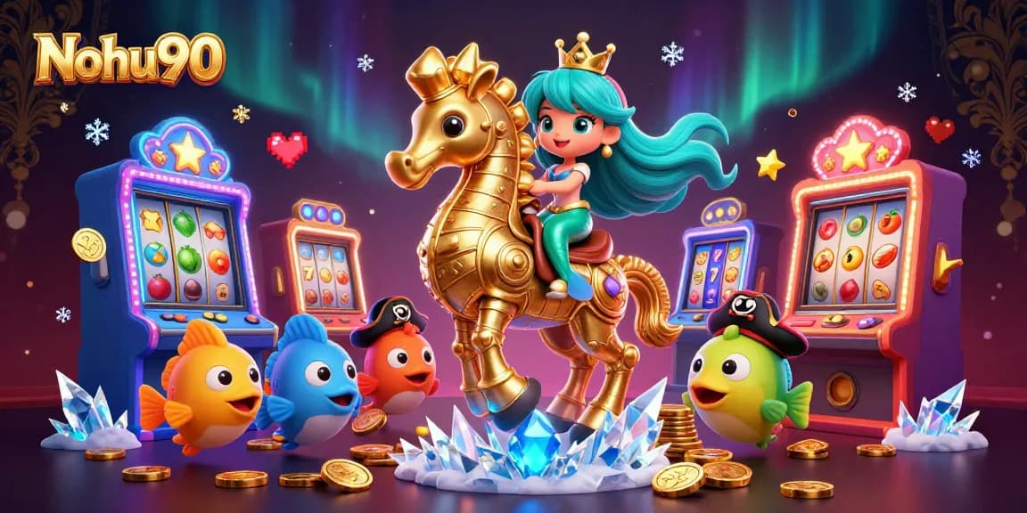 Nohu90 slots illustrated with a colorful mermaid and magical seahorse gaming adventure scene.
