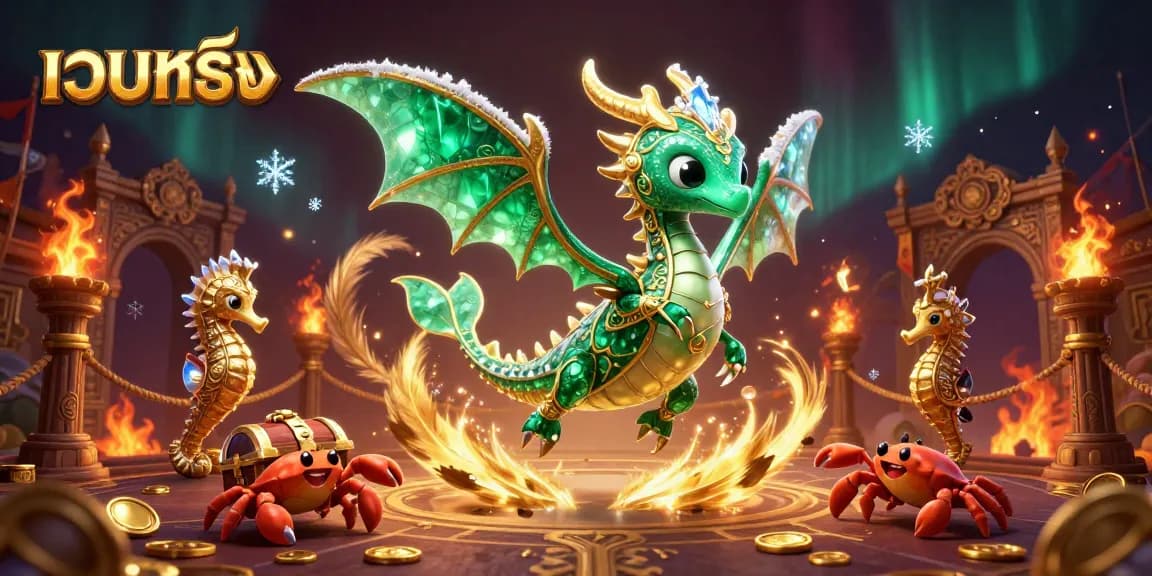 สัมผัสความตื่นเต้นของการเล่นคาสิโน เว็บตรง ด้วยภาพประกอบ 3D สวยงาม featuring a sea dragon.