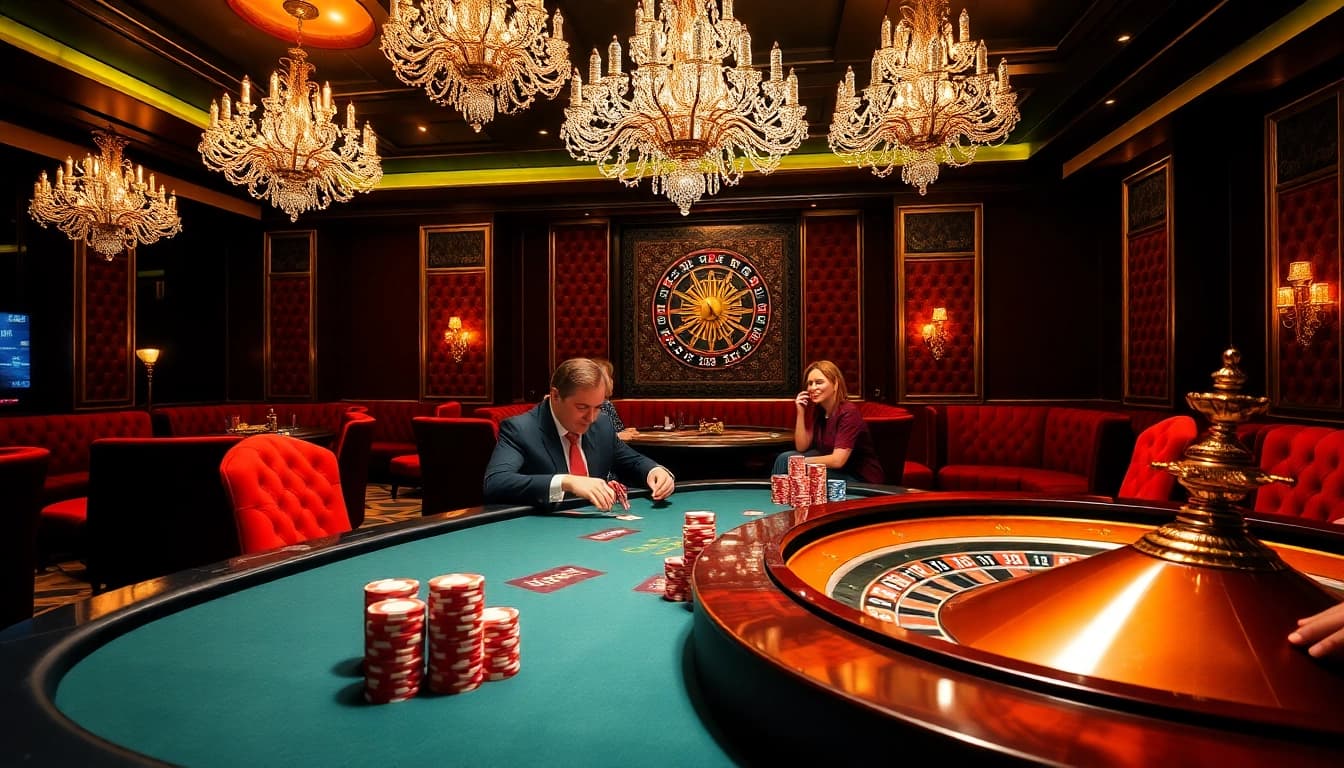 i9bet players enjoying an exciting poker game in a luxurious casino setting.