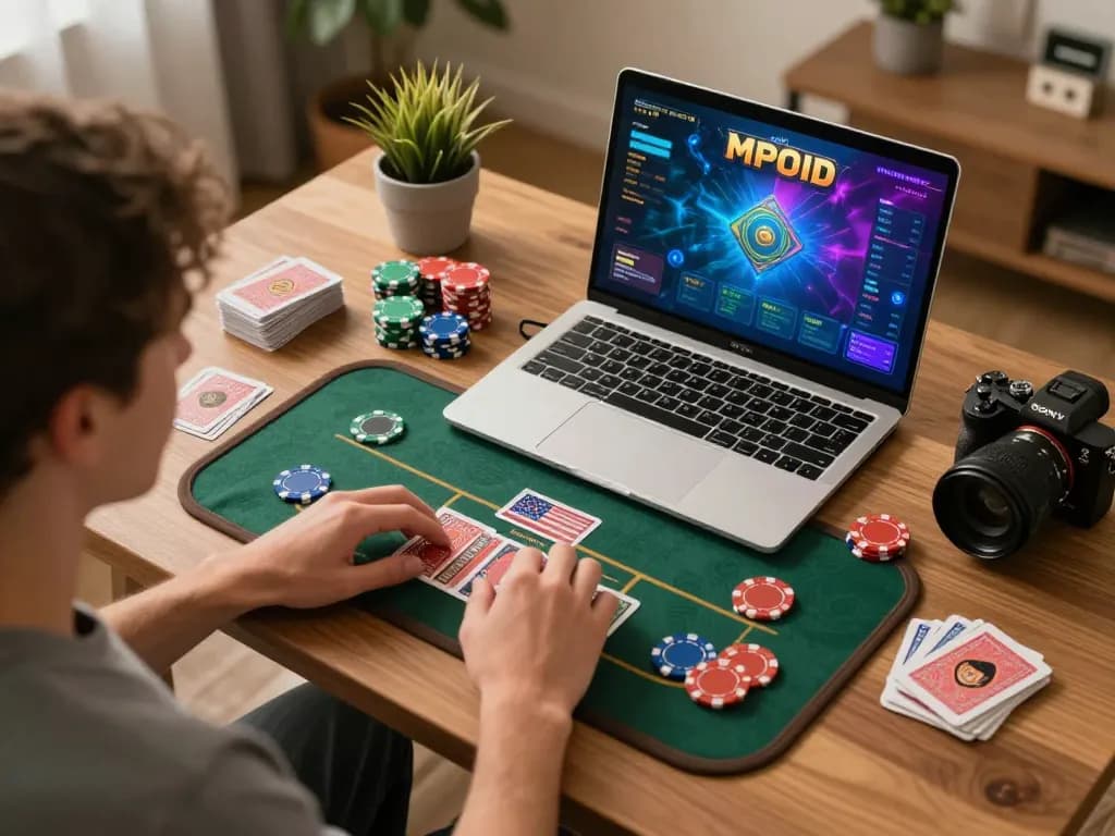 MPOID player engrossed in an online game with dynamic graphics, showcasing strategic gameplay and a cozy home setting.