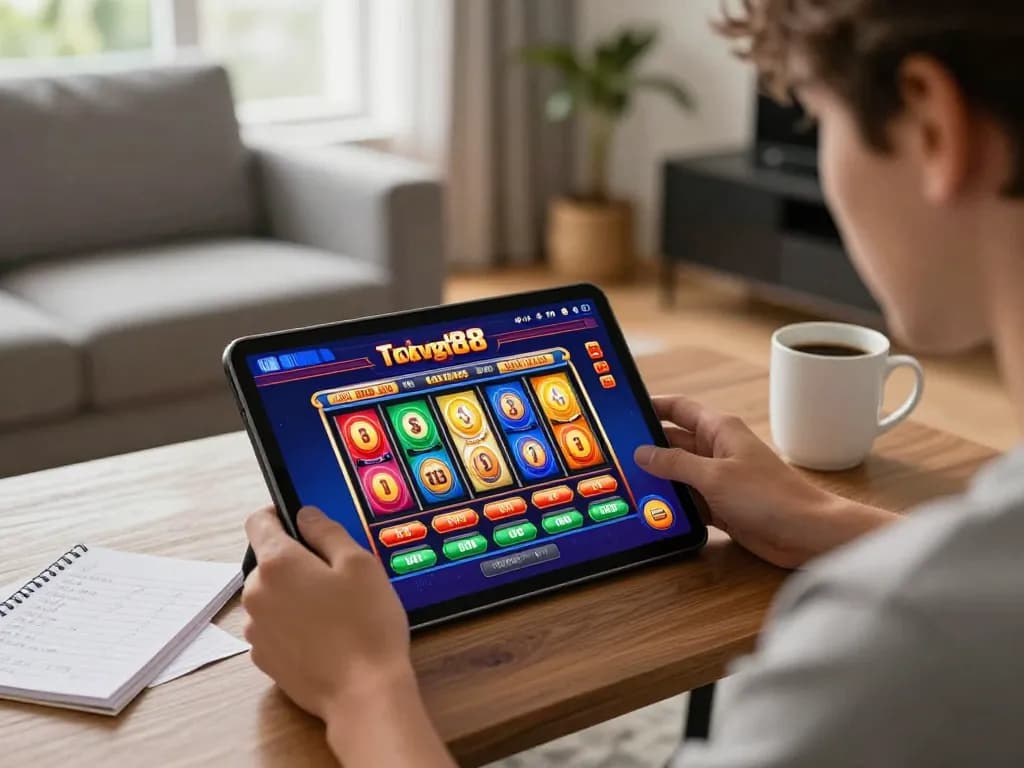 Suasana menarik permainan slot tokyo88 di tablet dalam lingkungan rumah yang nyaman, menampilkan permainan online modern.