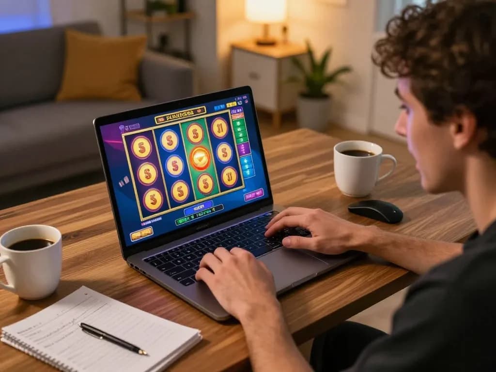 O8 player celebrating a win on an exciting slot game in a cozy home gaming setup