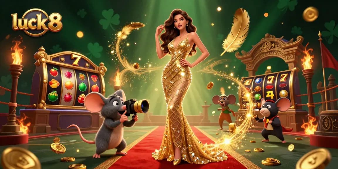 Lucky 8 casino illustration showcasing a glamorous woman surrounded by vibrant gambling elements and rich visuals.