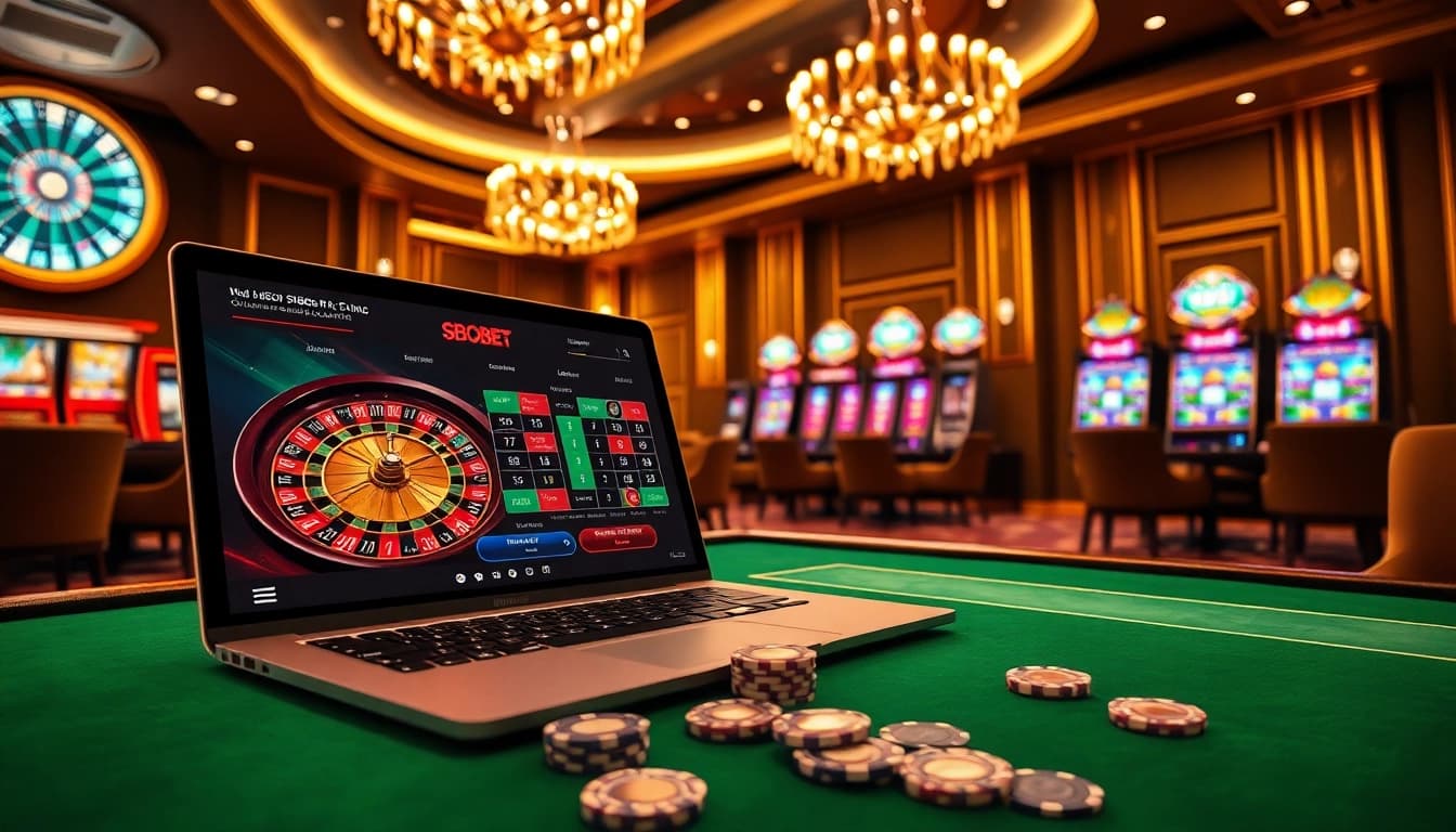 SBOBET online betting interface on a laptop amidst a luxurious casino setting with roulette, slots, and poker chips.