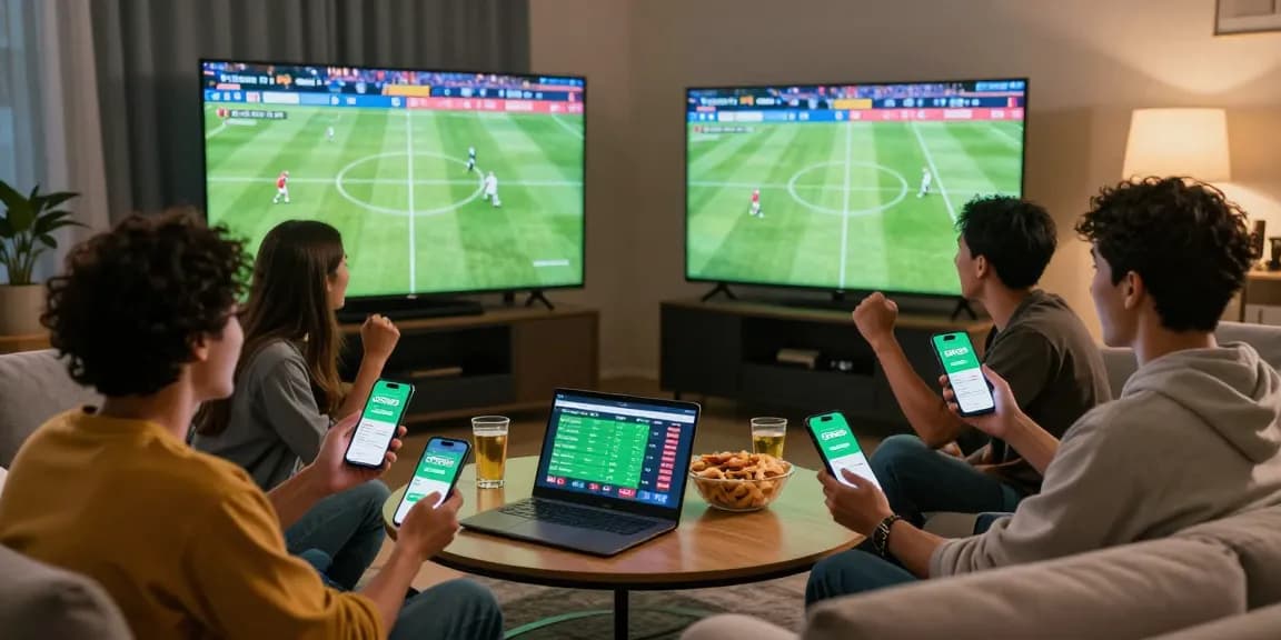 Friends engaging in sports betting at home using the OPEN88 app, creating an exciting atmosphere.