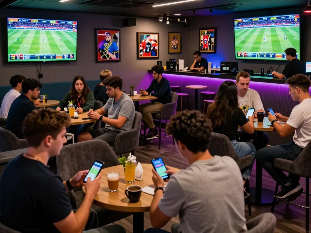 SBOBET enthusiasts enjoying live sports betting in a vibrant lounge atmosphere, placing bets and celebrating wins.