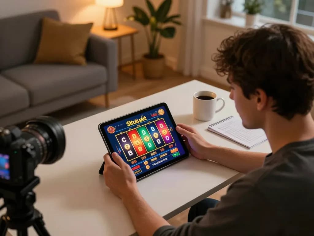 Situs slot interactive gameplay on tablet, person strategizing in cozy home setting for online gambling session.