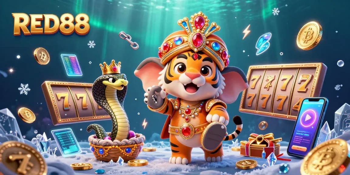 Experience the charm of RED88 with an exciting scene of a maharaja tiger and elephant set amidst spinning slot reels.