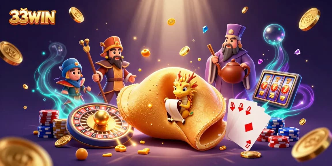 Experience the excitement of 33WIN with golden coins and a dragon's fortune hidden inside a giant cookie.