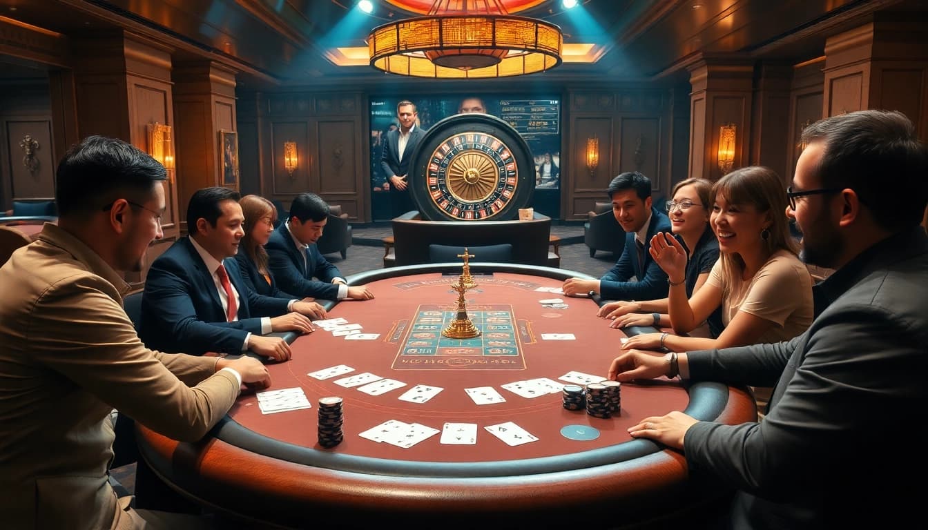 KP88 gaming table in a luxurious casino setting with professional players engaged in high-stakes poker.