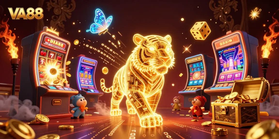 VA88 embodies excitement with golden tiger and slot machines in a dazzling casino scene.